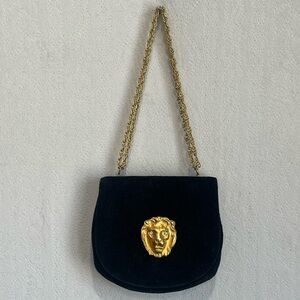 Vintage Triangle Black Velvet Bag Gold Lions Head Gold Chain Strap One of a Kind